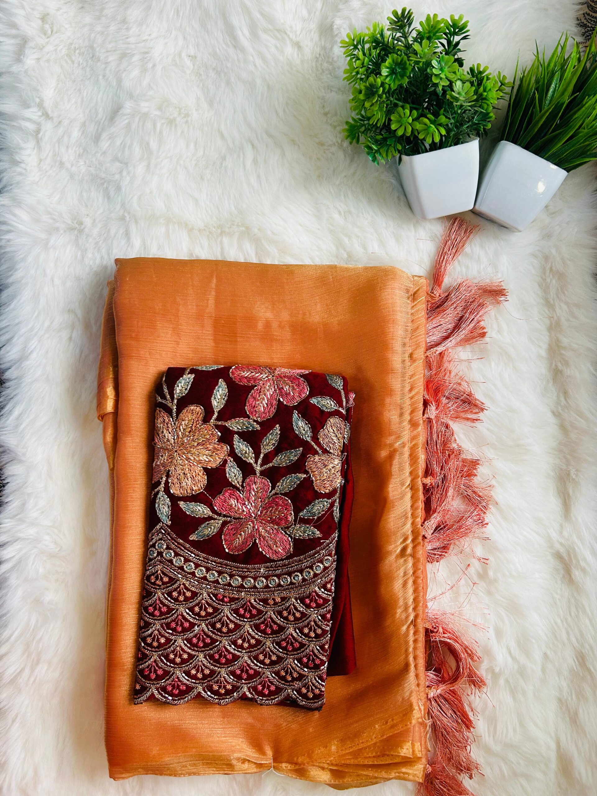 Plain Crunchy Orange Silk Saree - Image 3