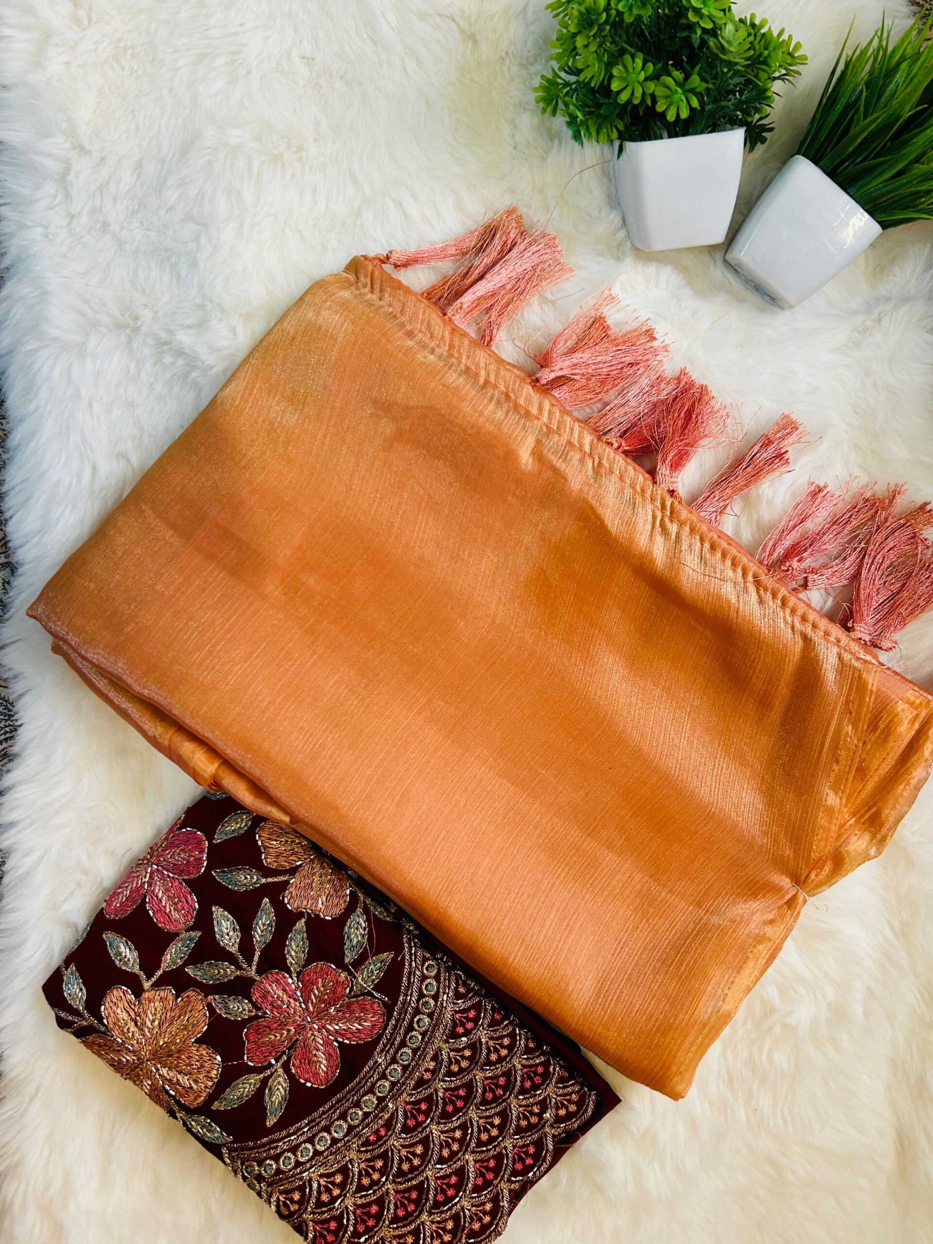 Plain Crunchy Orange Silk Saree